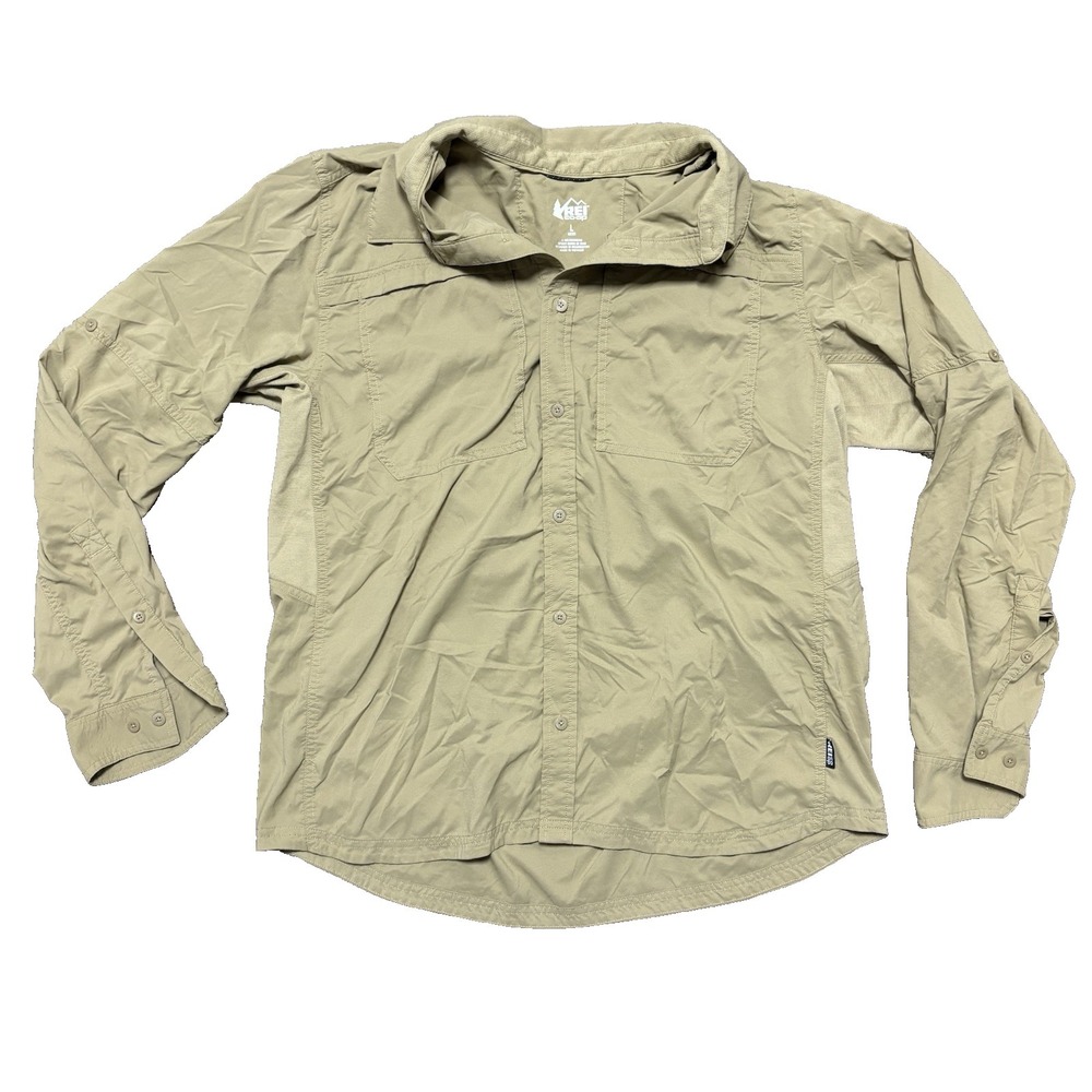 REI Co op Hiking Outdoor Shirt Mens Large Long Sleeve Button Khaki Nylon Blend